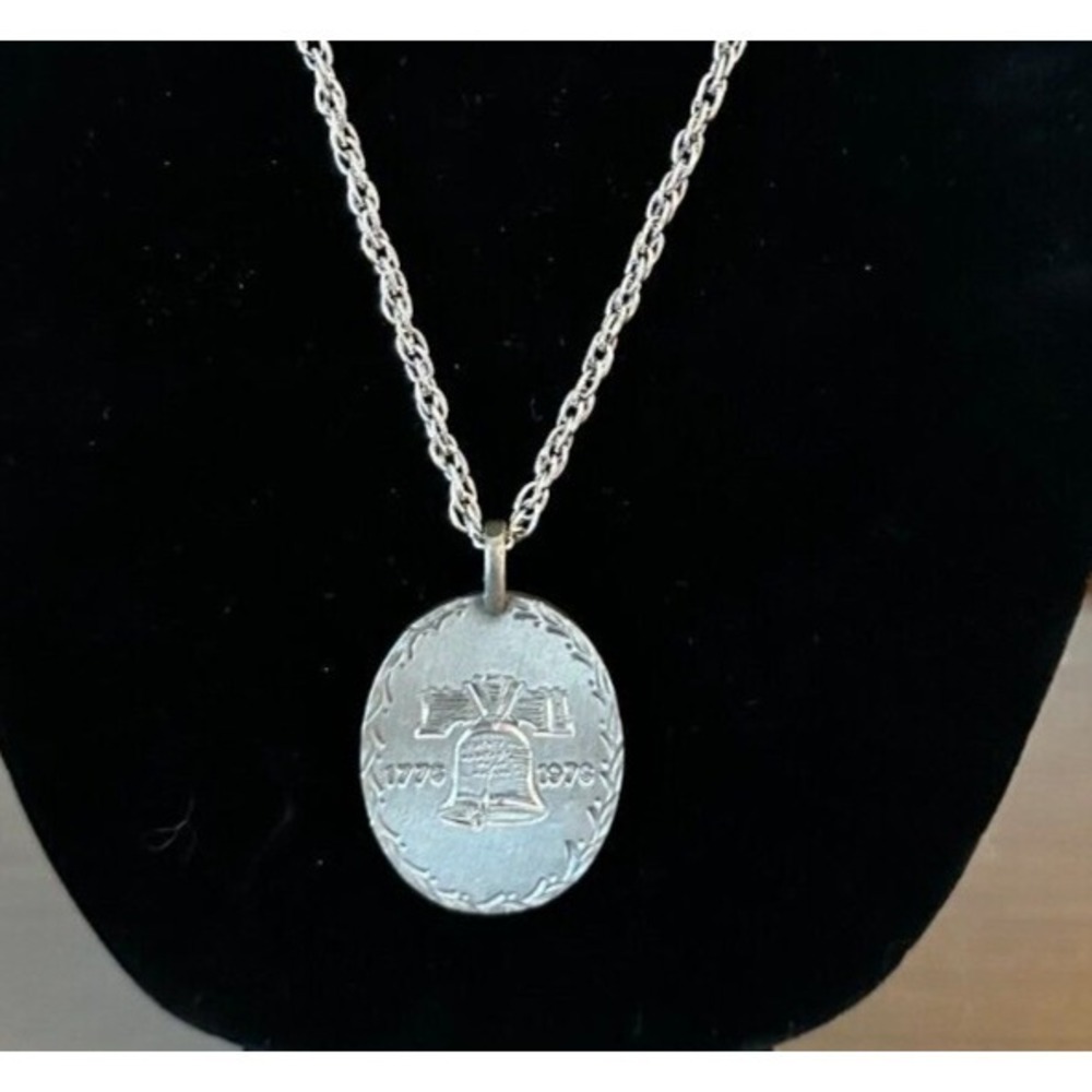 Vintage AJC 24" Liberty Bell Pendent Necklace 1776-1976 Pewter Engraved